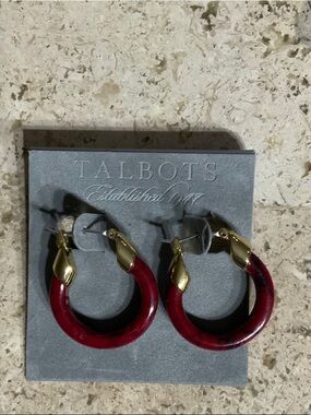 Talbots Gold-Tone and Deep Burgundy Resin Hoop Earrings